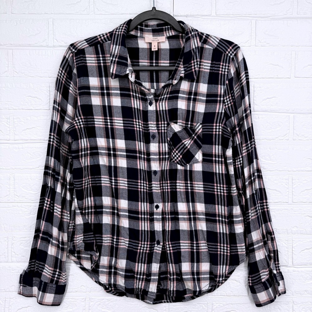 Como Vintage Plaid Button Down Women Size S Navy Pink White Casual Preppy